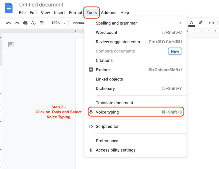 voice typing online class in google docs