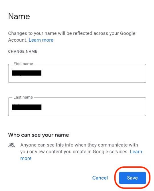 gmail name change in android