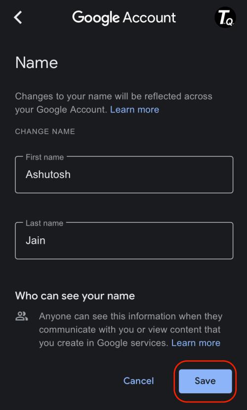 gmail name change on iphone