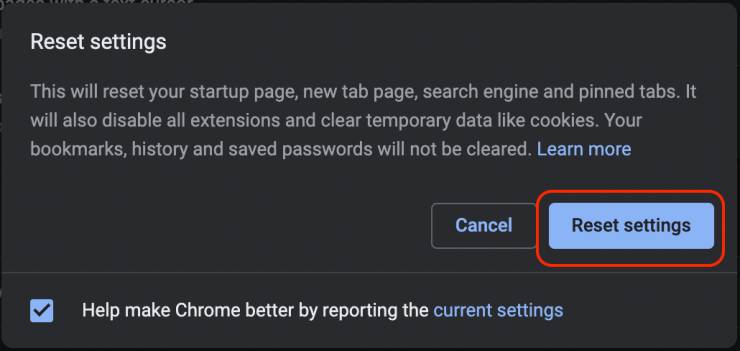 reset chrome to default