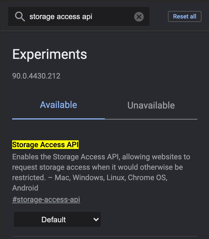 storage access API chrome flag