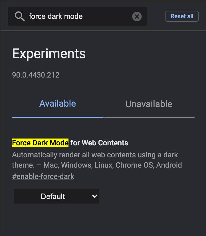 enable force dark mode in chrome browser