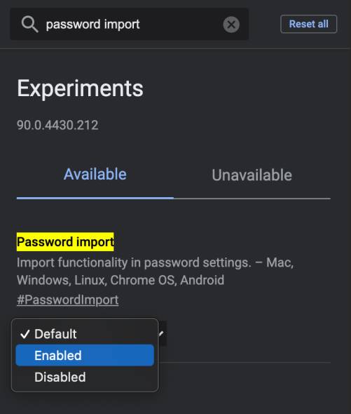 chrome flag password import