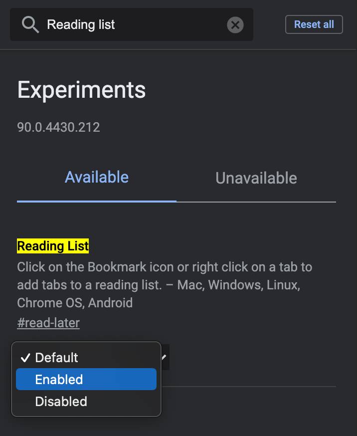 reading list chrome flag