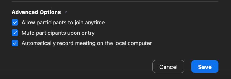 zoom advance options to schedule a meeting