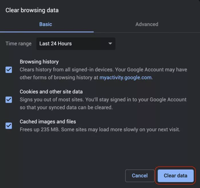 Clear browser cache and data on Chrome
