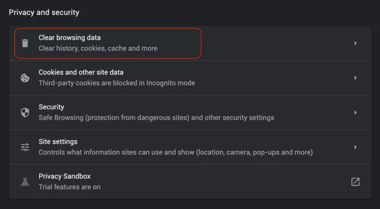 Privacy and Security settings on Chrome Browser