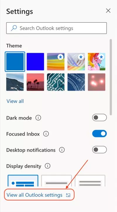 View all Settings on Microsoft Outlook