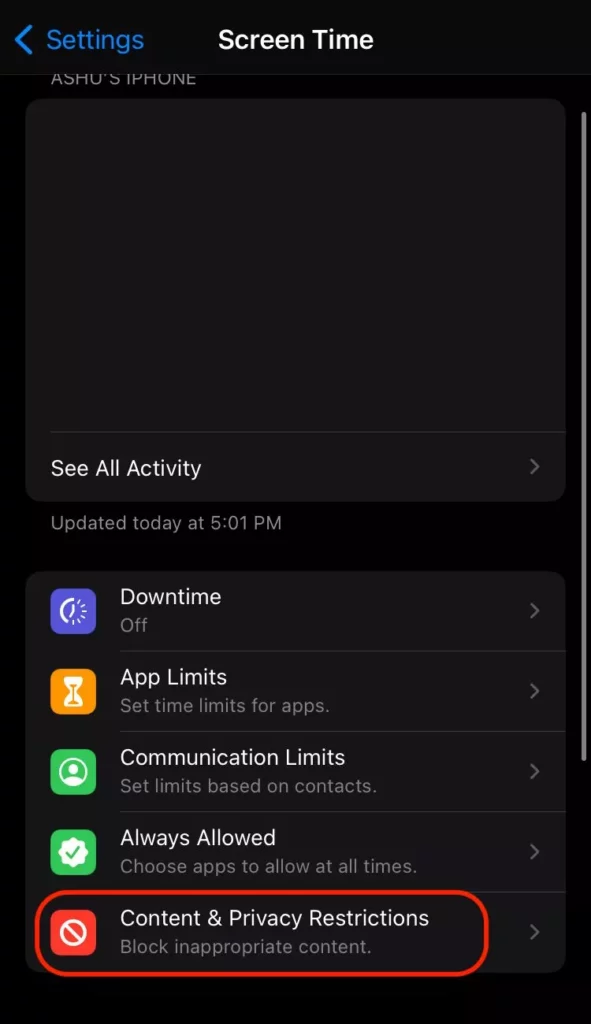 Screen Time Privacy Restrictions on iPhone