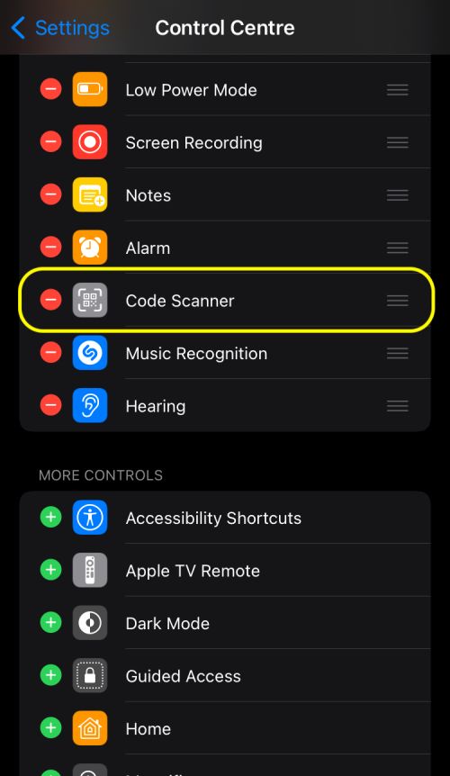 QR Scanner in Control Centre iPhone