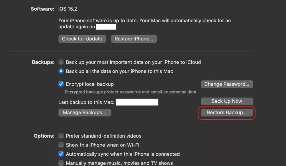 Restore backup on iPhone iTunes