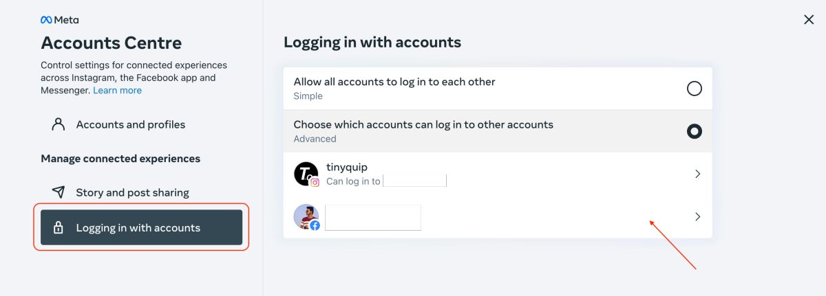 Disable login through Facebook on Instagram