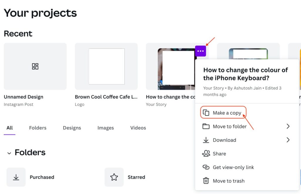 How to make a copy of template on Canva