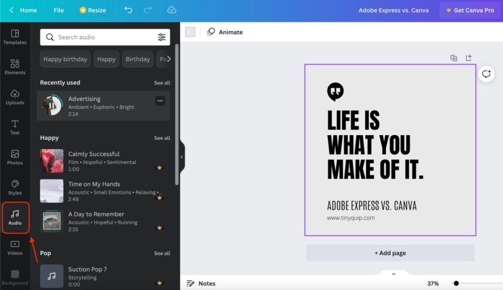 Adding Royalty Free Music on Canva