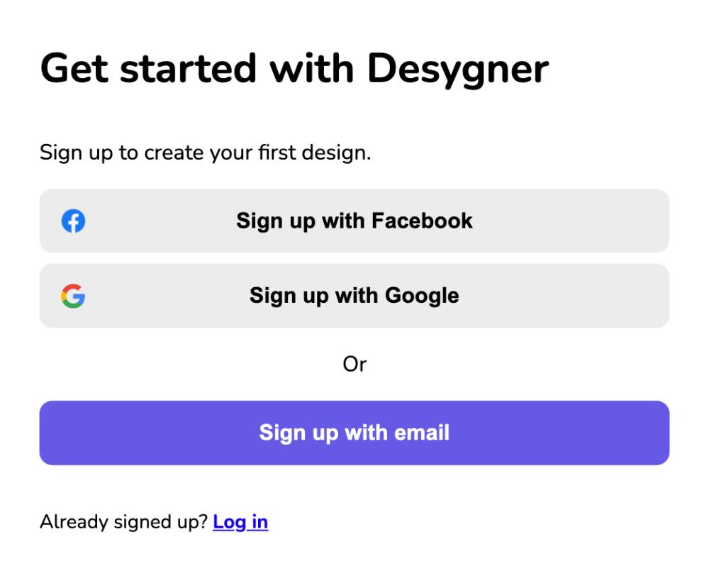 Sign up option on Desygner