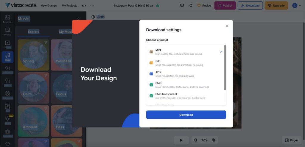 Design export options on VistaCreate