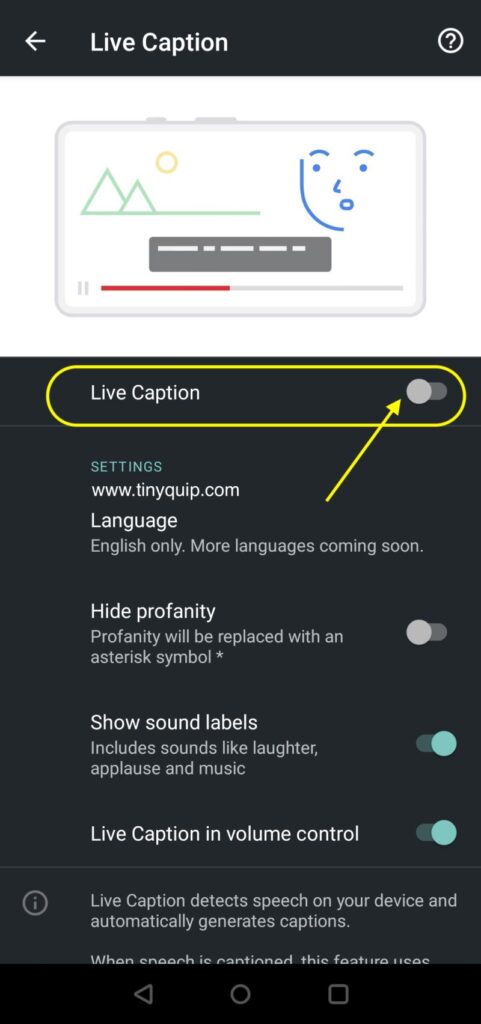 Turn off live captions on Android phones