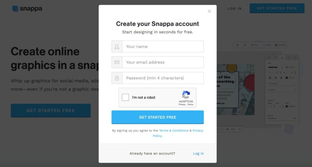 Creating an account on Snappa