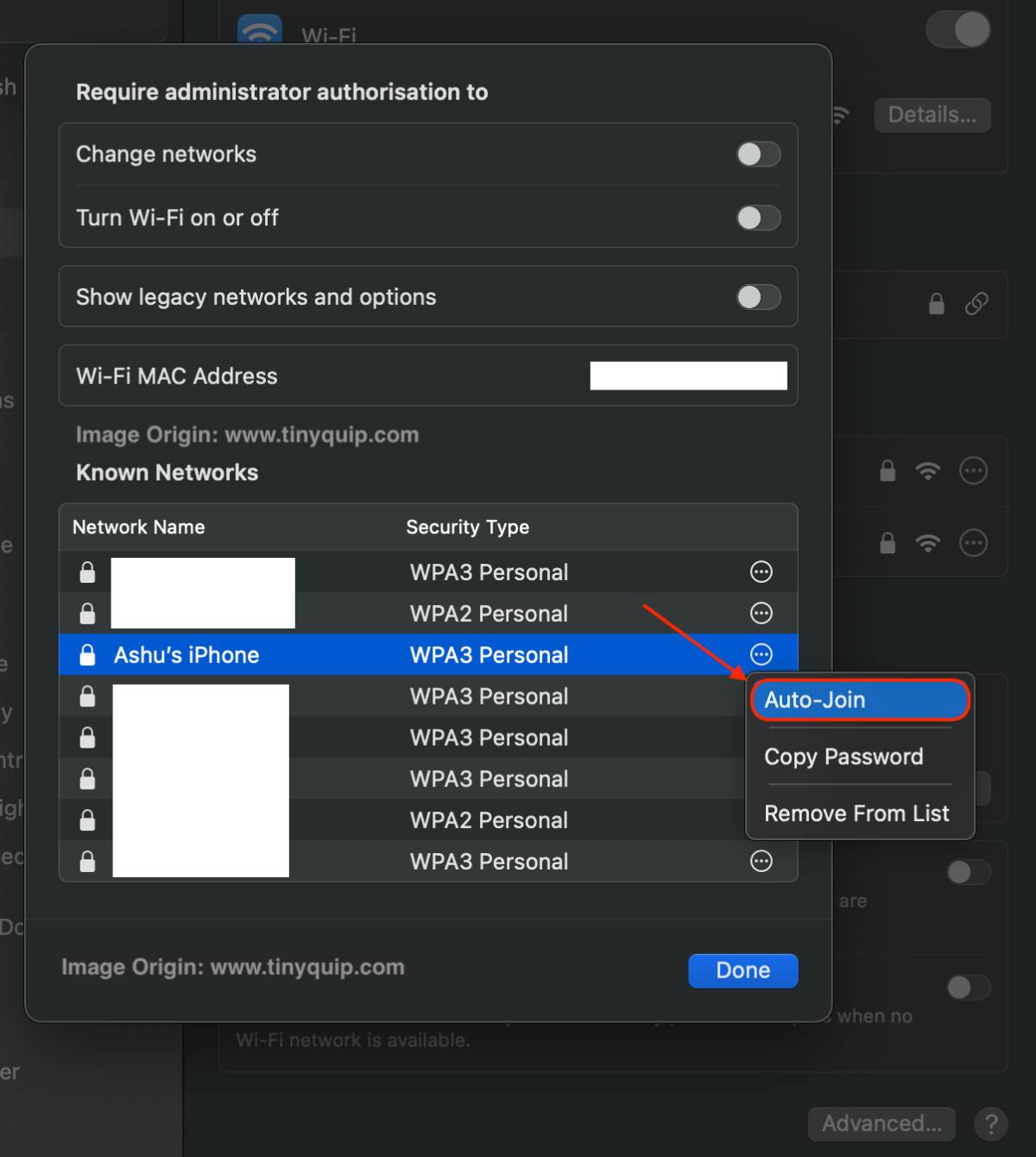 Disable Auto Join WiFi between iPhone and Mac
