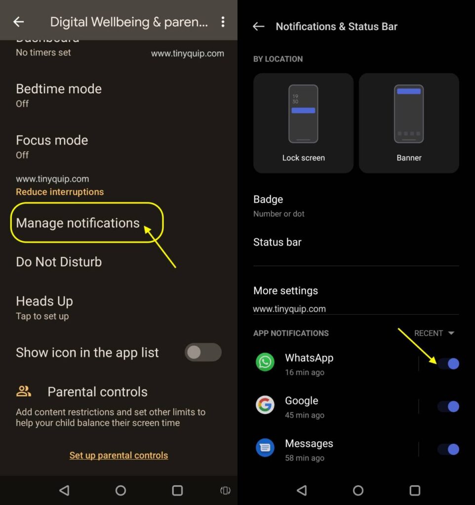 Manage screen time notifications on Android
