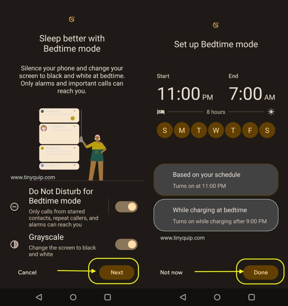 Bedtime mode focus on Android