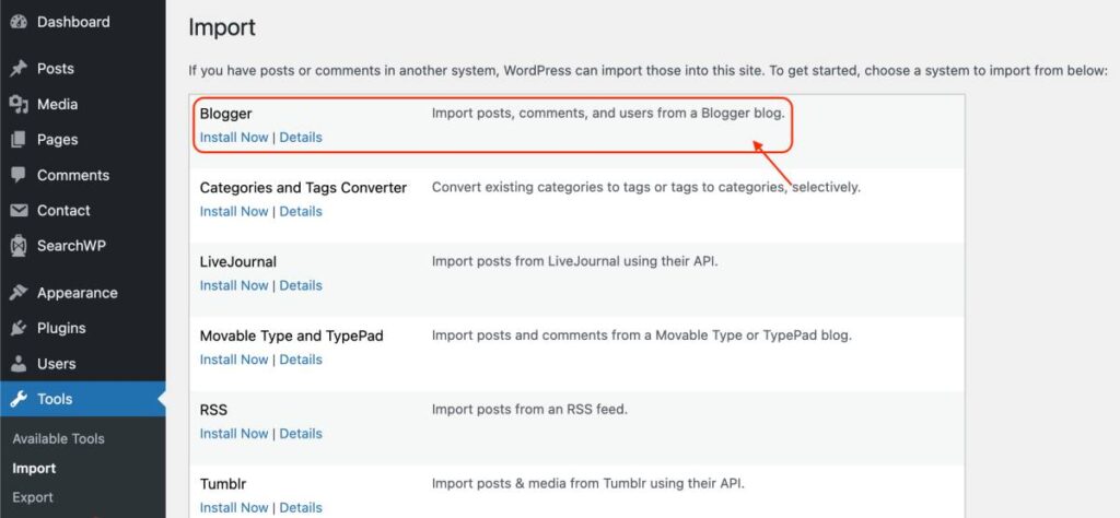 Installing Import through Blogger on WordPress
