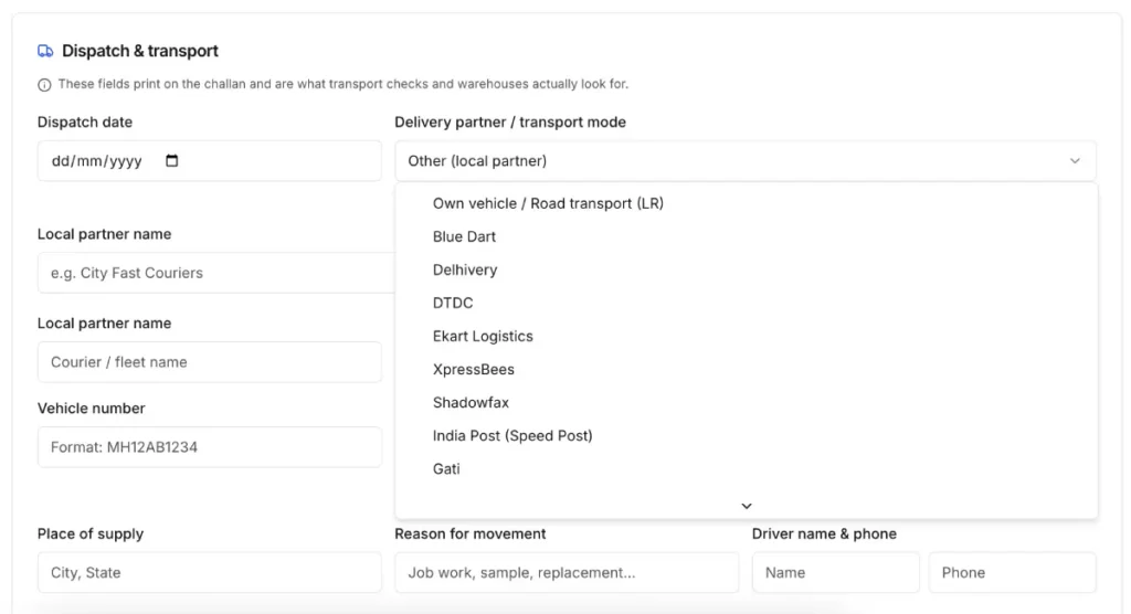 Delivery Challan Partner Options Vouchpi